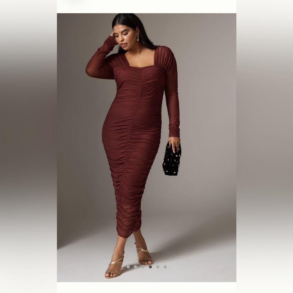 By Anthropologie Ruched Long Sleeve Midi Dress in Deep Burgundy